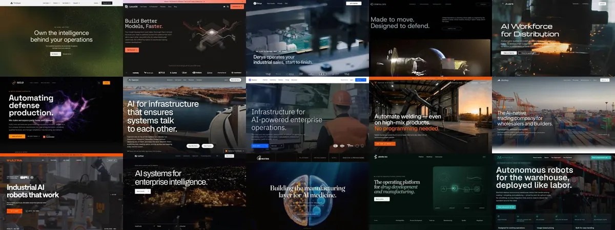 Fifteen YC homepages in the Dark hard tech style
